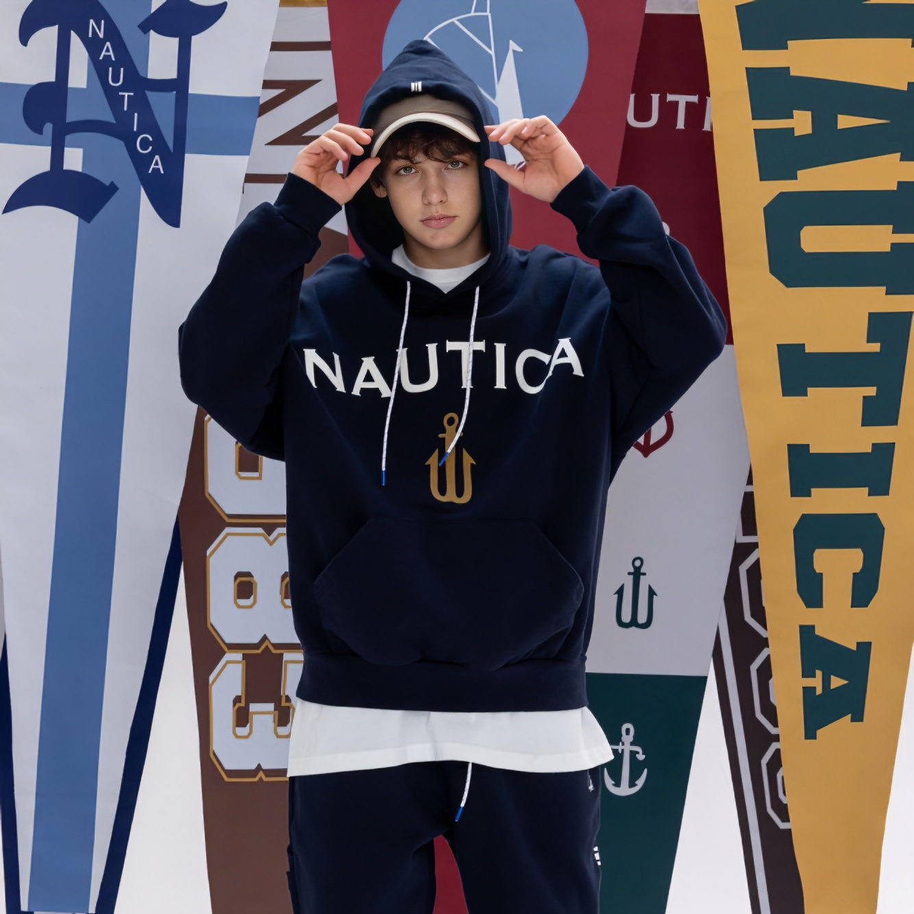 nautica白帆cityboy复古连帽刺绣字母logo针织卫衣KW2361雅丹风