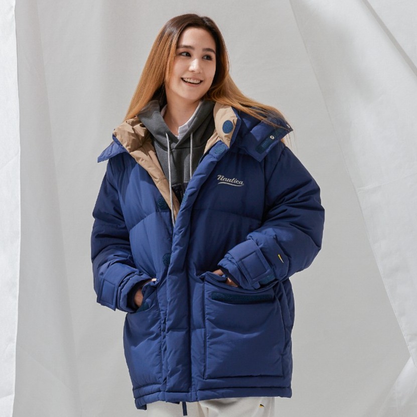 nautica jp简约宽松大口袋设计情侣同款中长连帽羽绒服 JPJW2413