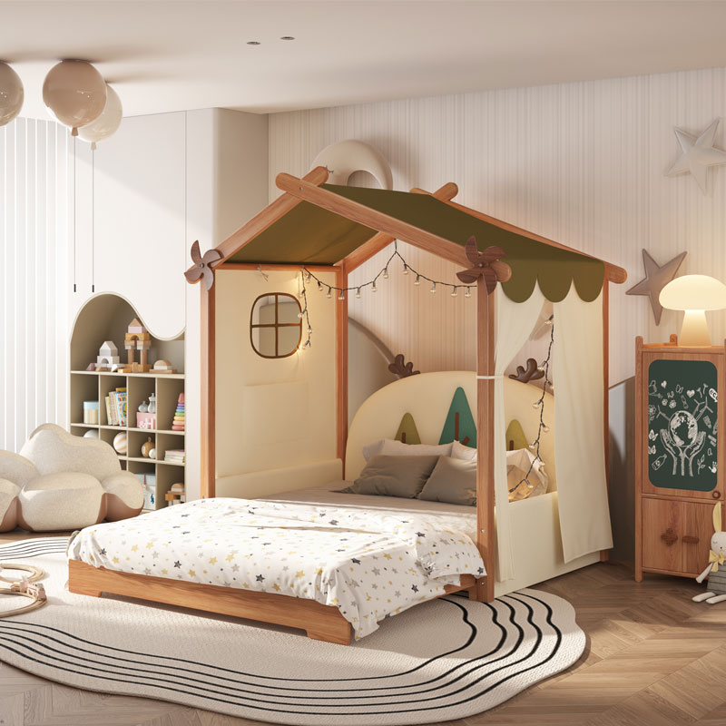 红橡实木儿童床木屋帐篷床伸缩女孩卧室公主床男孩房子城堡树屋床