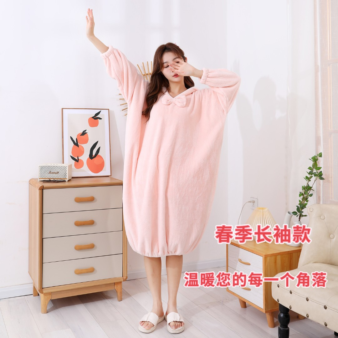 【秋冬款】穿式浴袍女成人高档洗澡连帽浴衣吸水速干睡袍宽松加长款