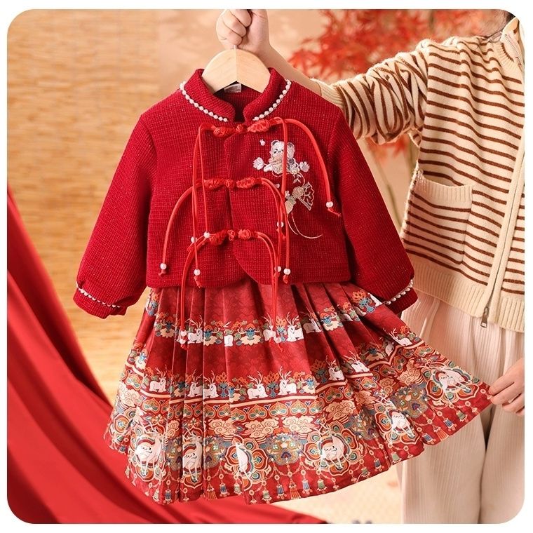 女童加绒马面套装2023新款加厚中国拜年汉服儿童唐装冬装两件套潮