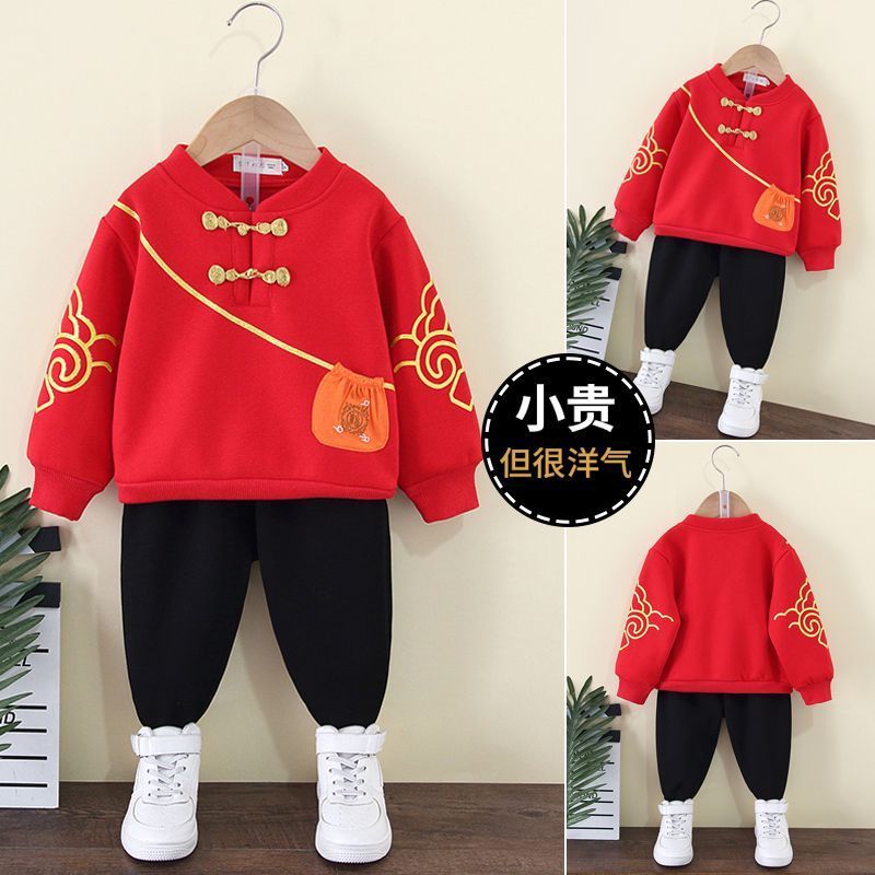 男童拜年服汉服加绒卫衣儿童过年装唐装喜庆新年服元旦演出服套装