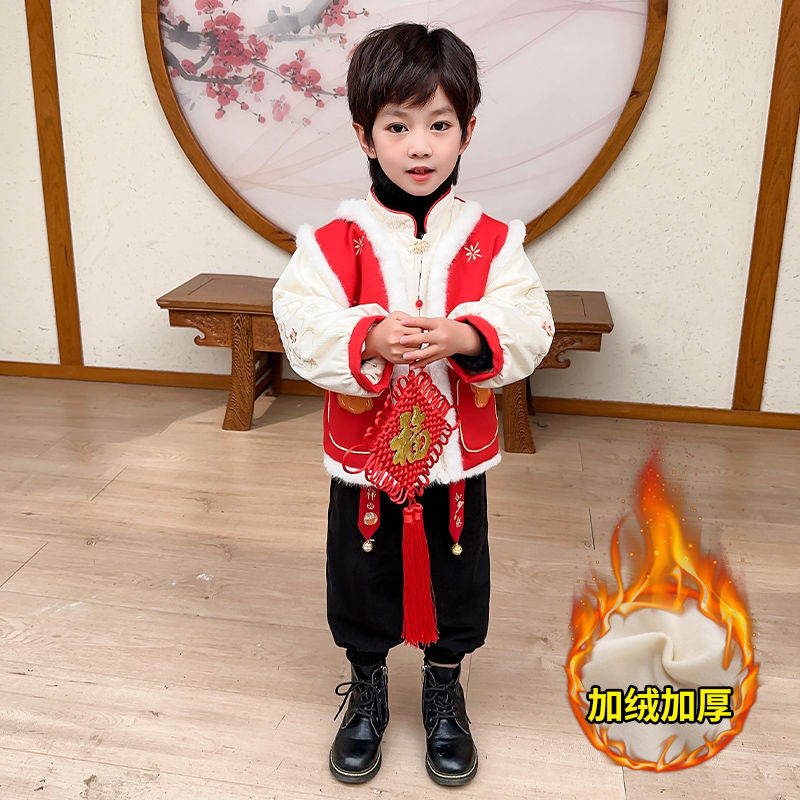 儿童拜年中国套装女童服男汉服宝宝刺绣棉衣男童新年唐装衣服加厚