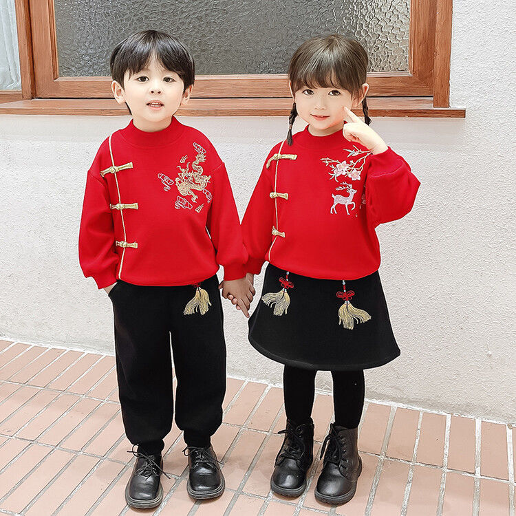 元旦儿童演出服幼儿园表演服小学生唐装汉服套装男童女童拜年服