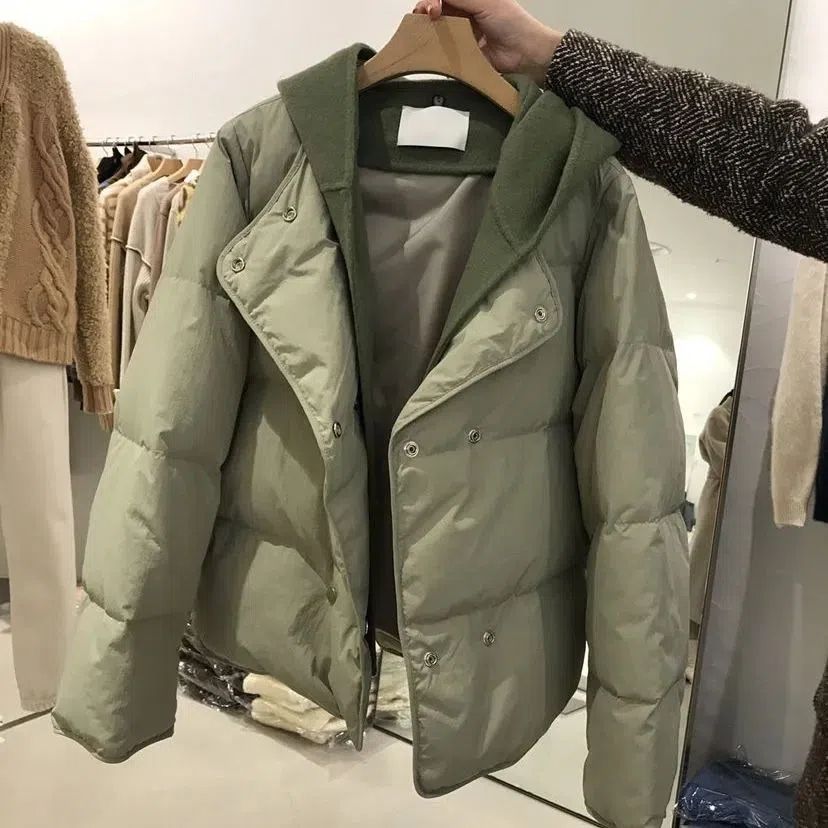 羽绒服韩国东大门秋冬新款百搭毛呢连帽拼接长袖假两件保暖