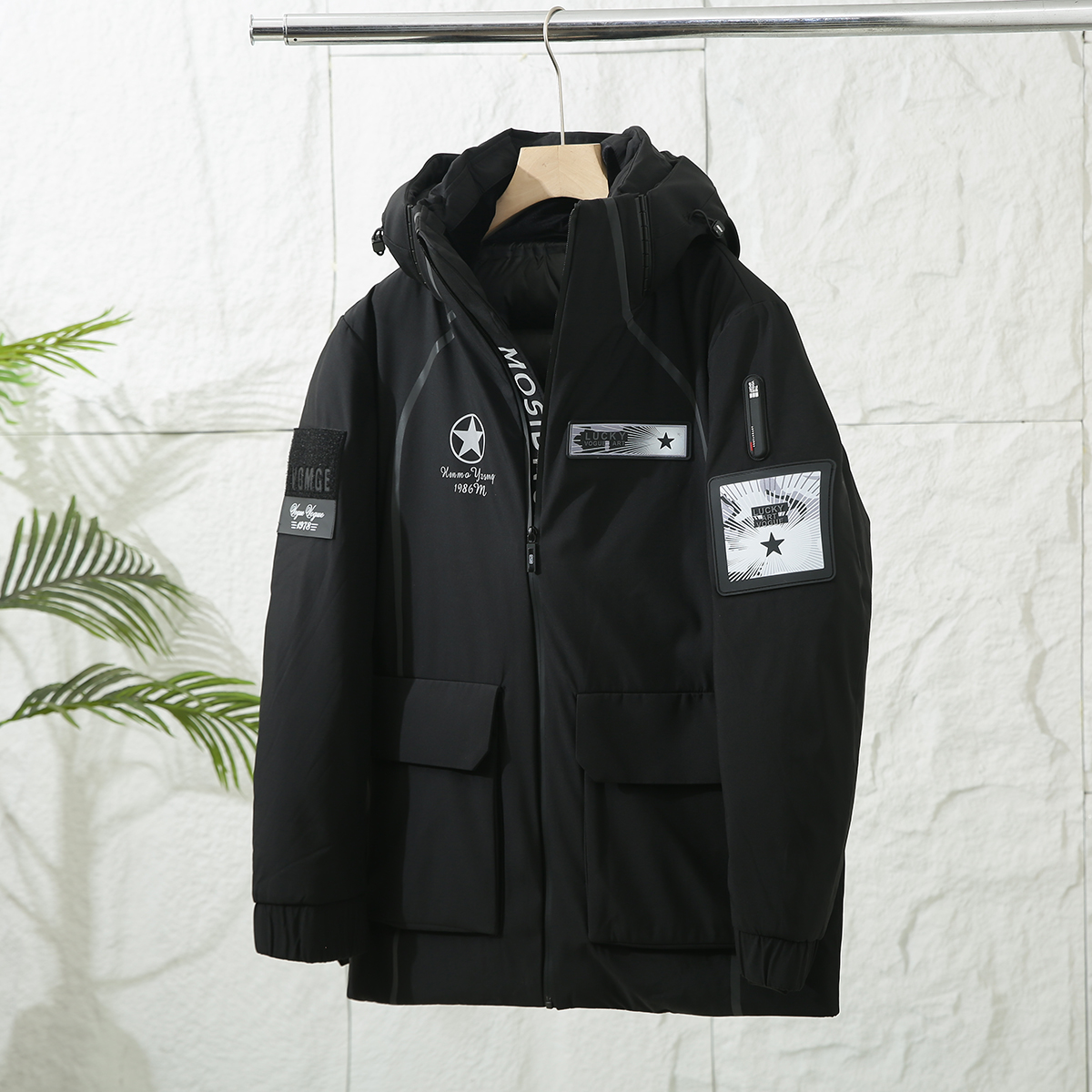 8850-男士冬季黑色连帽户外中长款外套 休闲时尚情侣款宽松鹅绒服