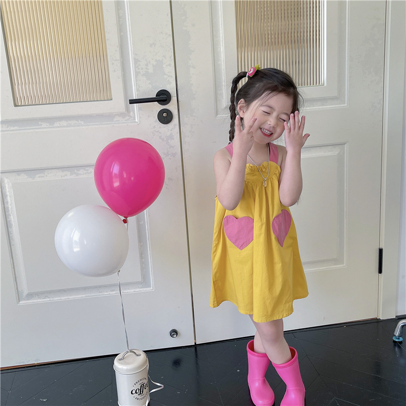 2024夏季新款 韩版童装 女童甜美爱心撞色吊带裙宝宝背心裙连衣裙