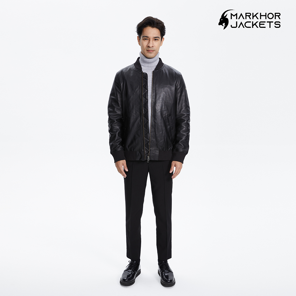 MarKhor JacKet 男士皮衣立领黑色拉链秋季时尚绵羊皮外套 K8004