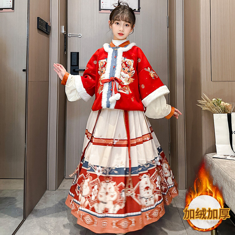 女童拜年服冬款汉服加厚保暖儿童马面裙套装喜庆中国风冬季女孩