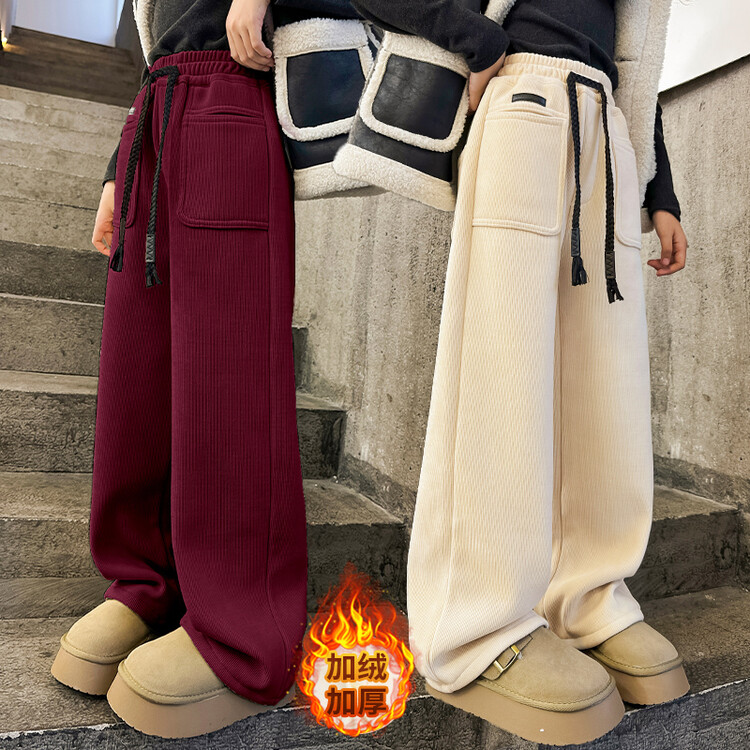 童装裤子女童阔腿裤加绒加厚宽松秋冬季一体绒直筒裤女孩韩版洋气