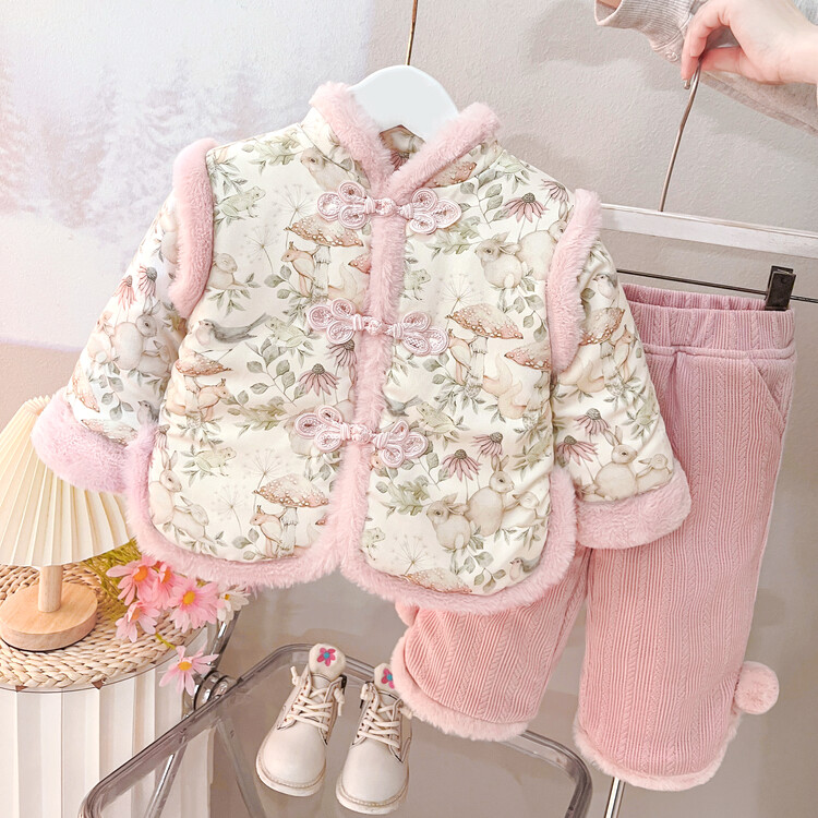 儿童年服女童套装加绒加厚唐装棉服中国宝宝过年儿童汉服拜年套装