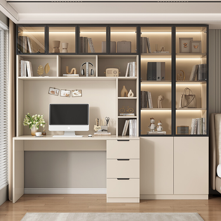 实木台式电脑桌书桌书架一体组合家用办公桌卧室学生学习写字桌子