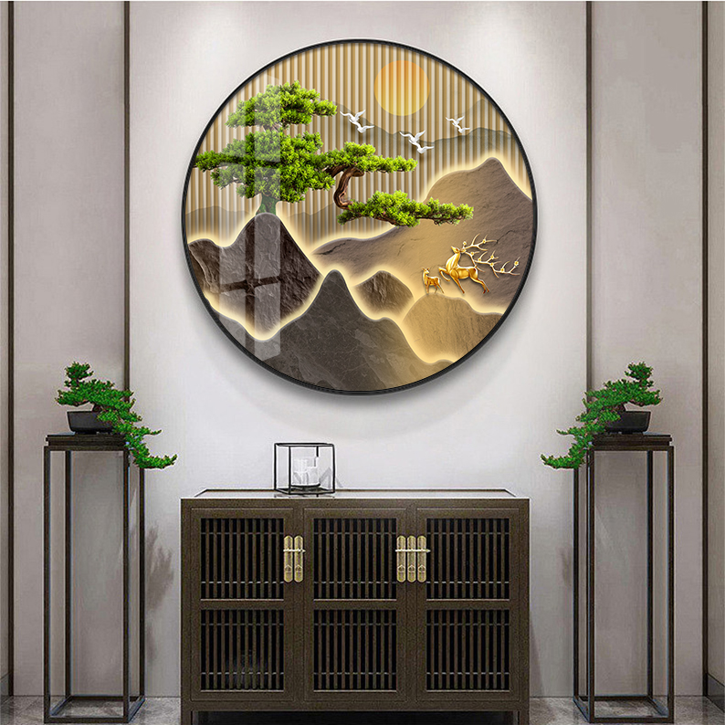 新中式迎客松圆形玄关装饰画入户正对门挂画客厅茶室书房山水壁画