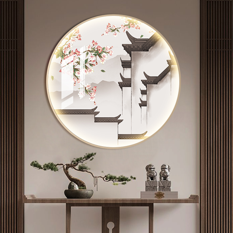 江南水乡水墨山水圆形装饰画入户玄关挂画新中式客厅茶室书房墙画