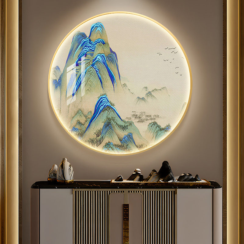 新中式千里江山入户玄关装饰画圆形大气山水客厅茶室墙画进门挂画