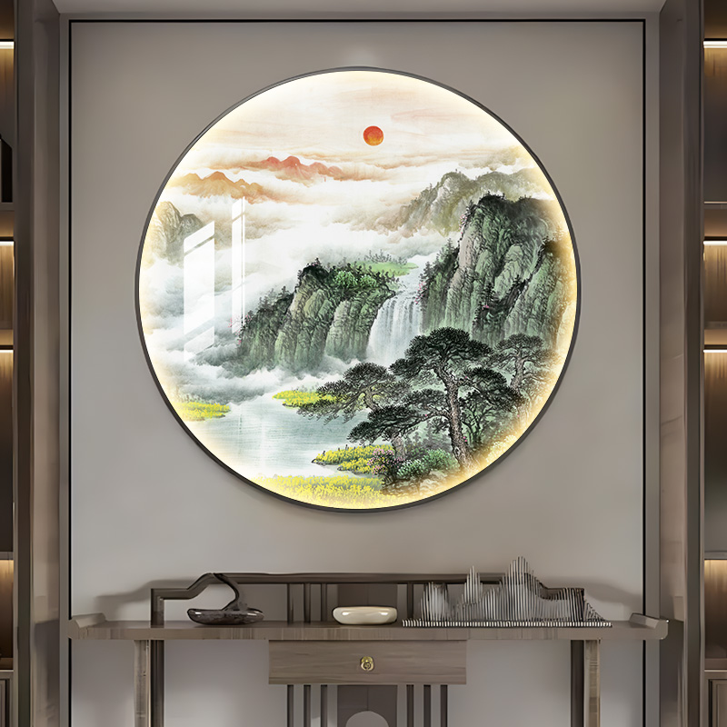 新中式迎客松装饰画入户玄关圆形挂画过道客厅茶室挂水墨山水画