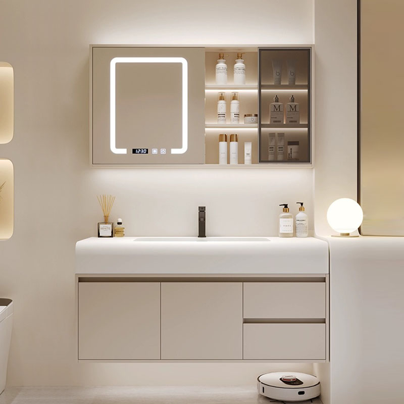 奶油风圆弧可丽耐一体盆镜柜组合实木卫生间洗脸盆洗手盆卫浴柜