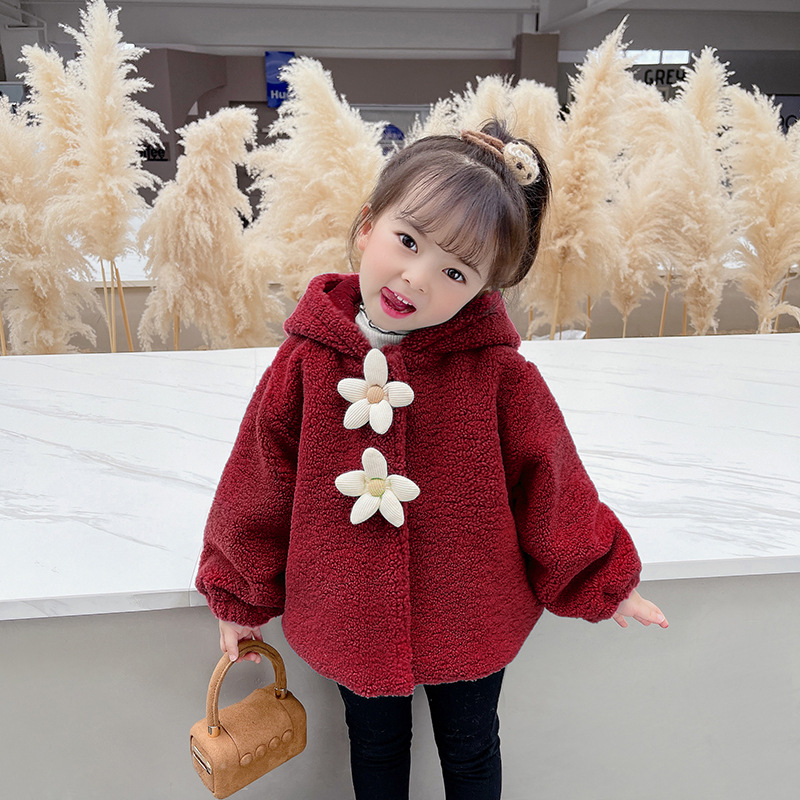 女小童冬装两朵花毛毛衣外套2023新款洋气女宝宝夹棉加厚时髦上衣