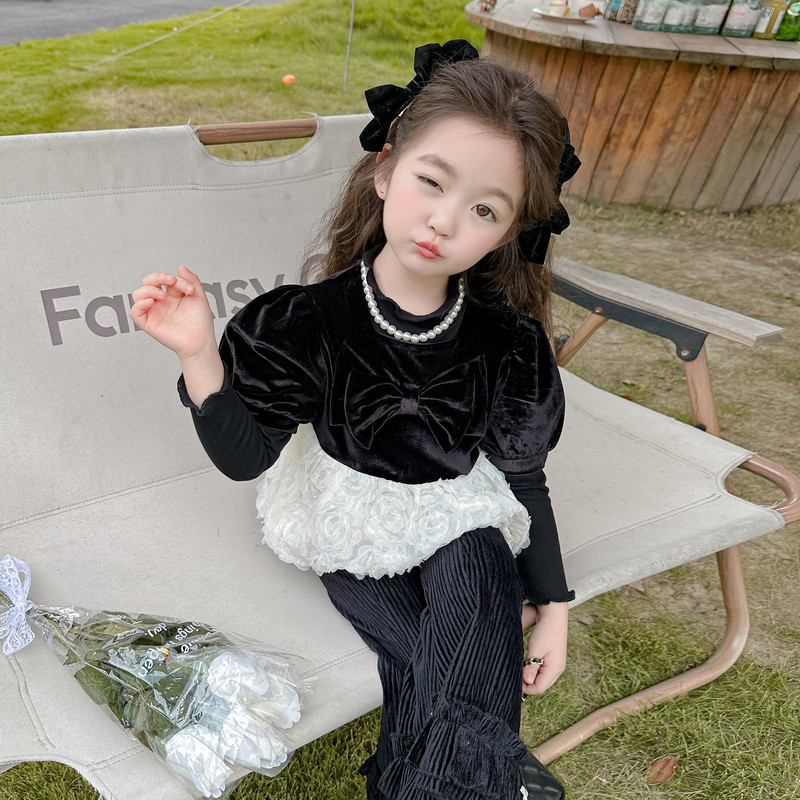 女小童秋装赫本风丝绒蝴蝶结娃娃衫套装宝宝休闲宽松喇叭裤俩件套