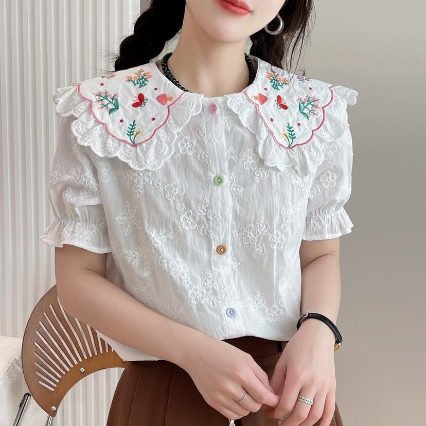 复古甜美风文艺气质仙女上衣 宽松绣花娃娃领衬衫女短袖 夏季新品