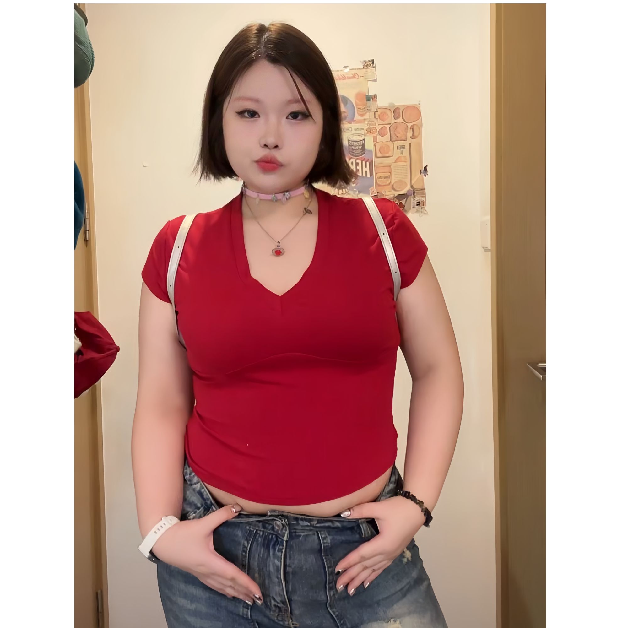 胡二家大码胖MM美式遮肚子V领上衣正肩短袖T恤纯色辣妹春季
