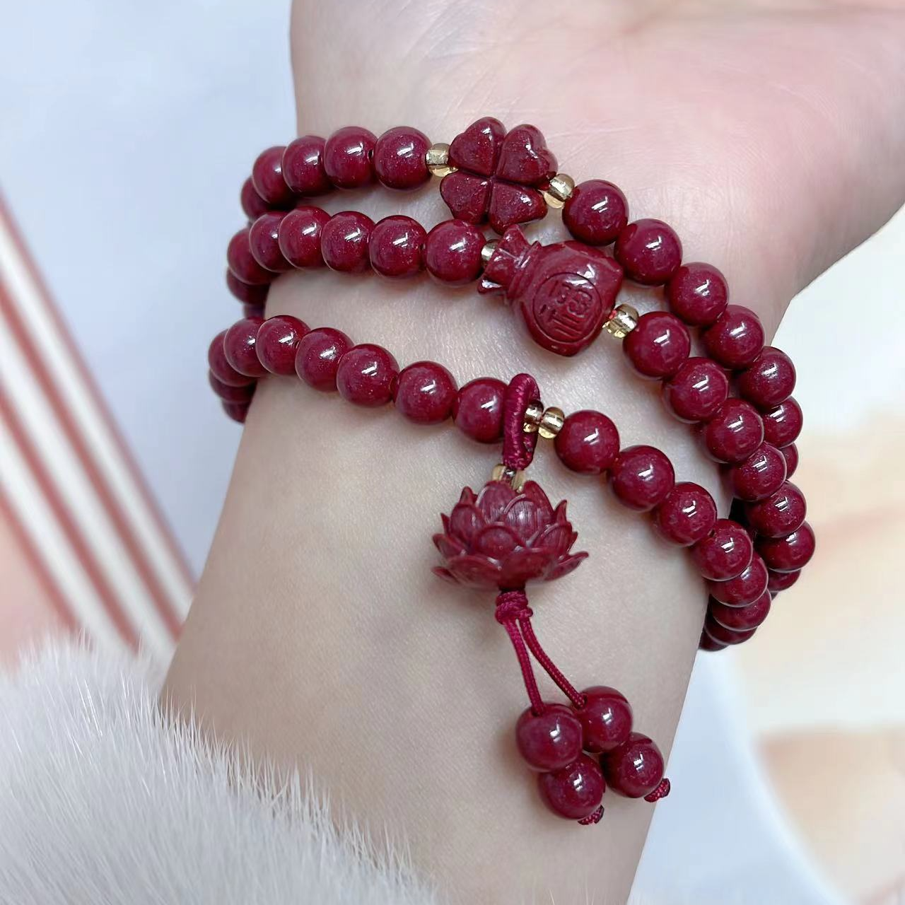 含辰砂工艺品朱砂高含量【6mm多圈带莲花款】手串情侣随身男女礼物