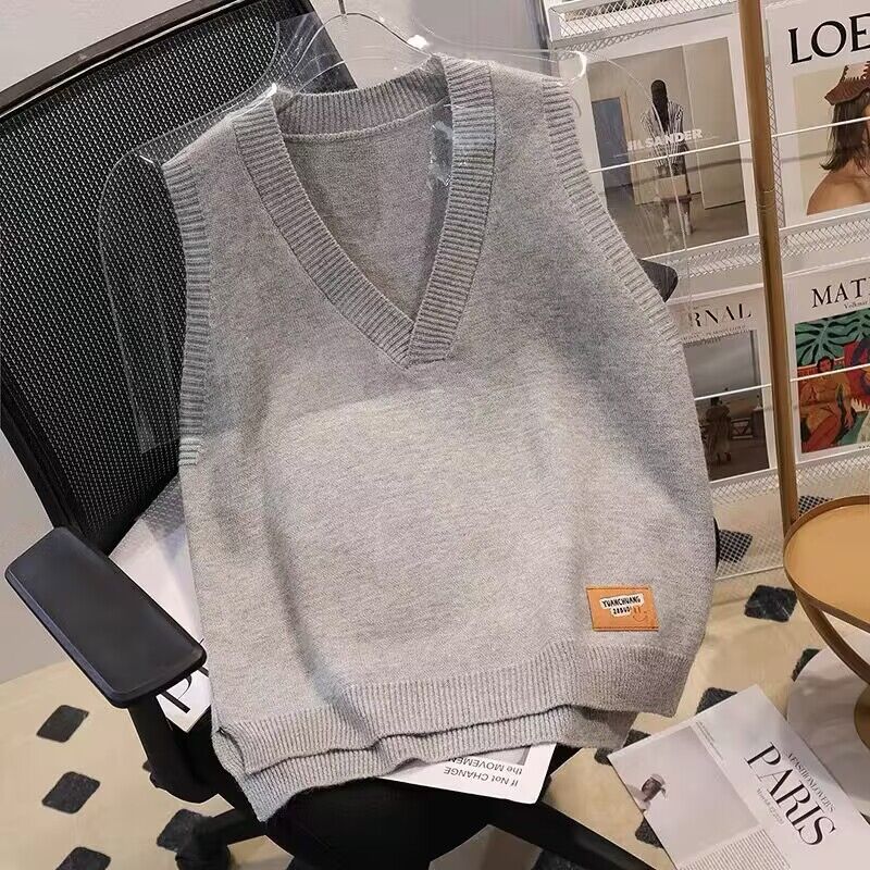 2024秋冬宽松套头纯色贴标简约时尚马甲针织百搭背心无袖洋气外穿