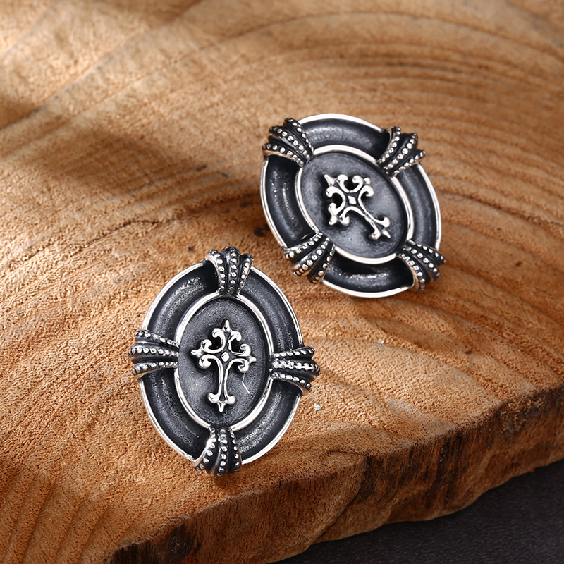 925银耳饰 做旧圆牌十字耳钉 男女款流行耳扣