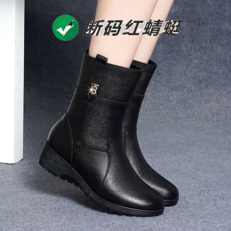 新款冬季中年时尚中筒靴加绒加厚保暖坡根棉鞋女妈妈鞋百