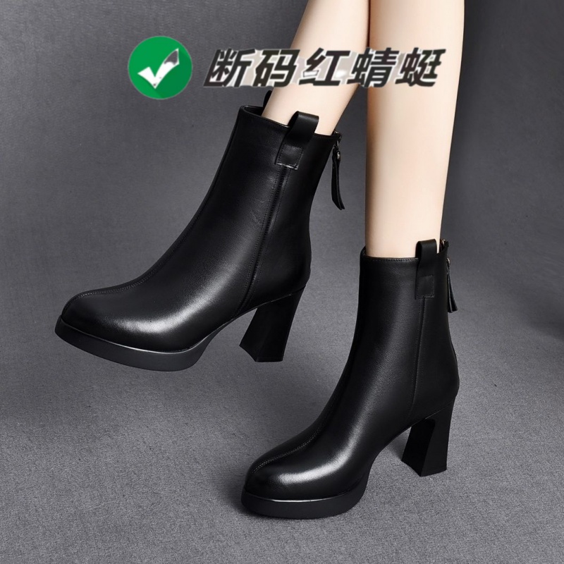 红蜻蜓牌马丁靴2023新款秋冬季软皮高跟短靴皮鞋加绒真皮女鞋靴子