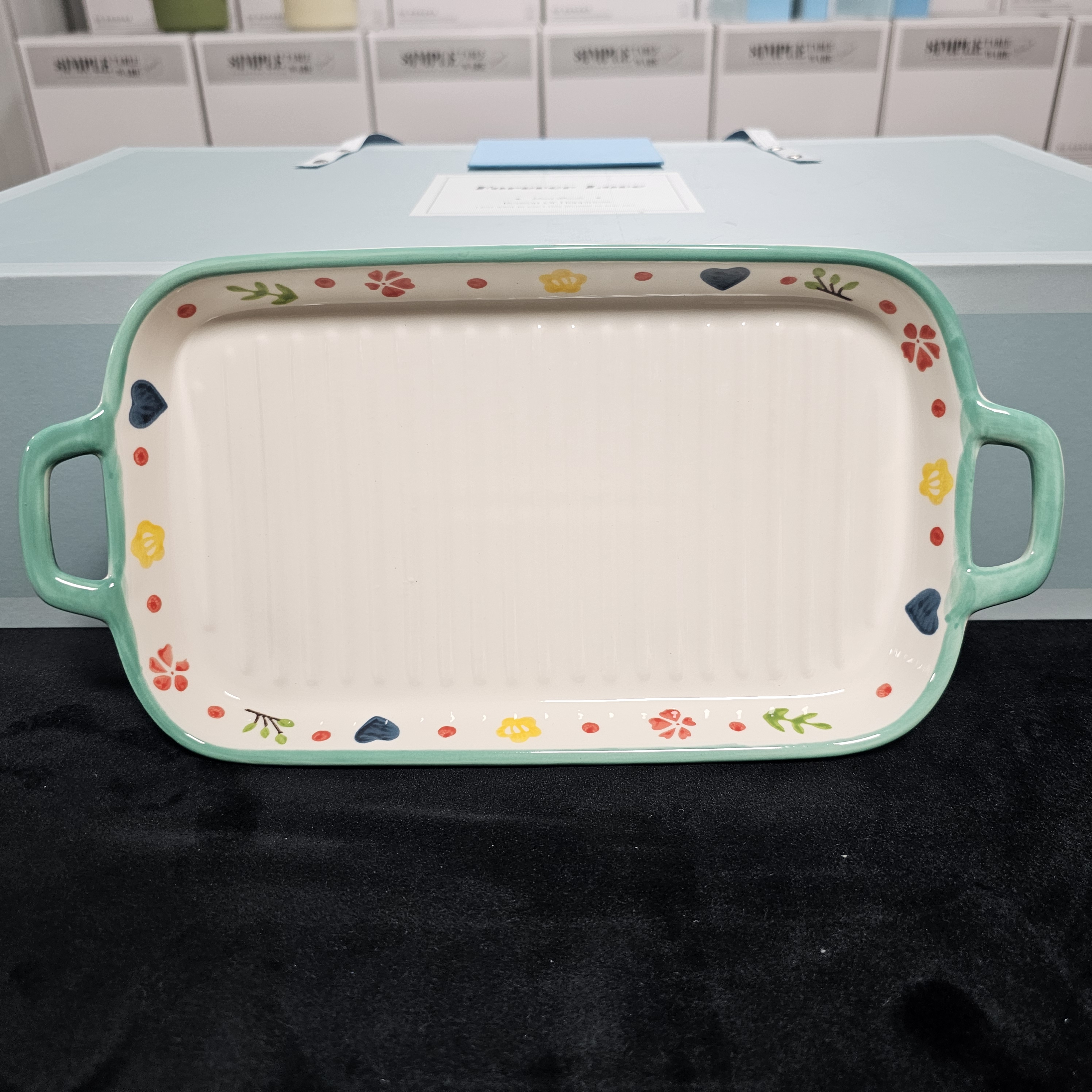 长方形11英寸双耳清新小花长条纹盘子