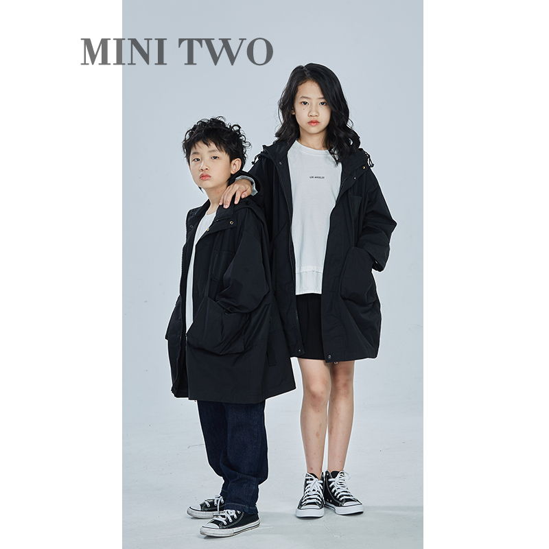 MT原创童装日系男童黑色中长款风衣儿童外套秋冬炸街冲锋衣演出服