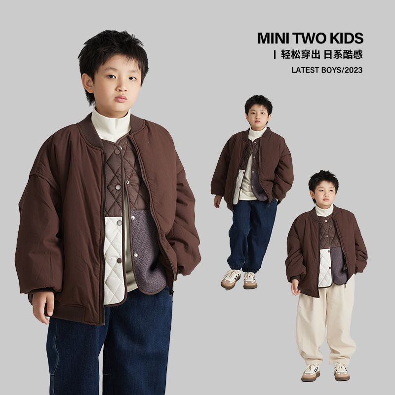 MT原创童装日系男童棒球服咖色面包服加棉加厚儿童秋冬装洋气外套