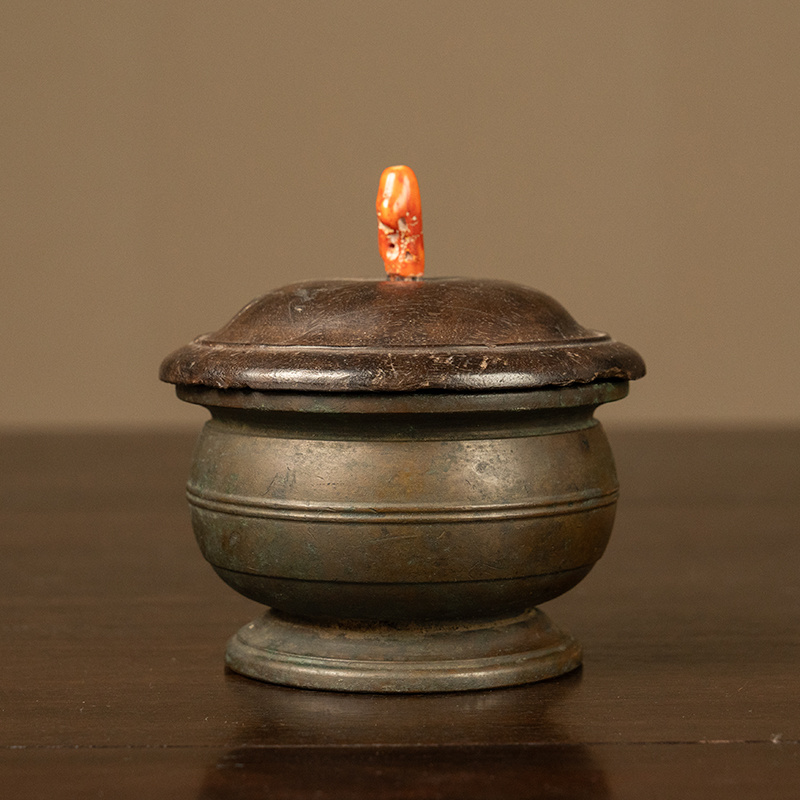 清代 铜弦纹香炉（紫檀盖） 古董艺术品