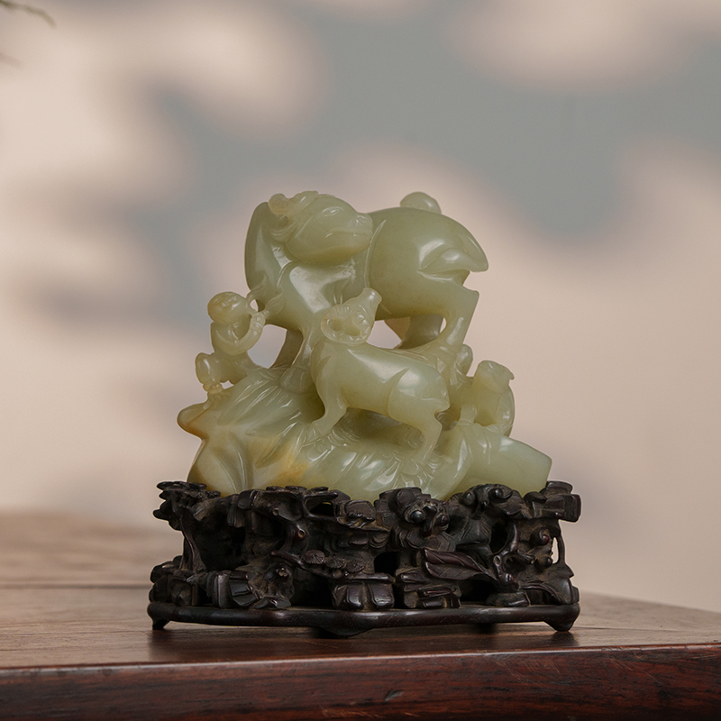 清代 玉雕三阳开泰山子摆件（红木座）古董艺术品