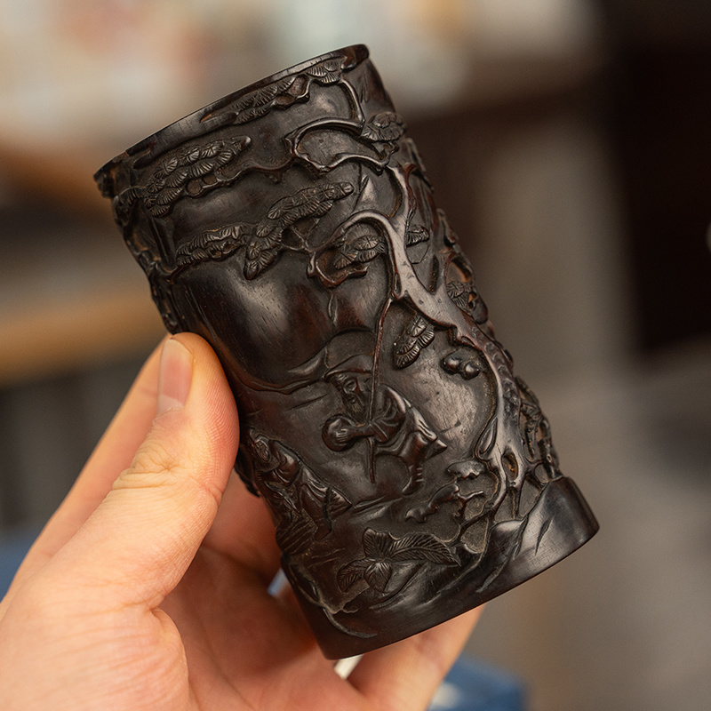 清代紫檀木雕渔樵耕读笔筒文玩古董收藏文房雅器小叶紫檀笔筒摆件