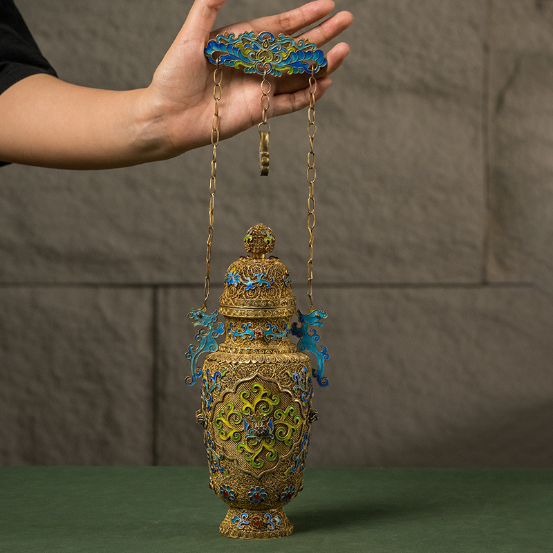 清代 银鎏金累丝烧蓝宝瓶形香囊 古董艺术品