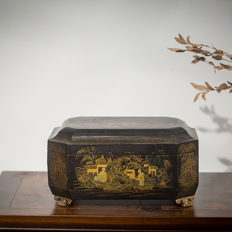 清代 黑漆描金人物八角盒 古董收藏品