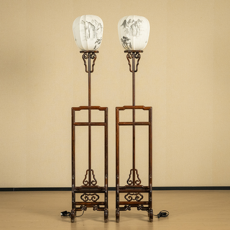 二十世纪 红木升降式灯架（一对） 中式古典家具收藏大红酸枝灯架