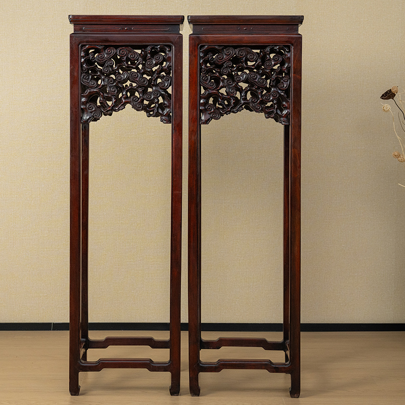 清代 红木透雕灵芝纹高花几（一对） 古董家具