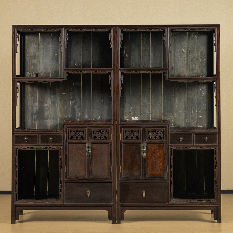 清代 红木镶瘿木透雕如意纹博古柜（一对） 古董家具