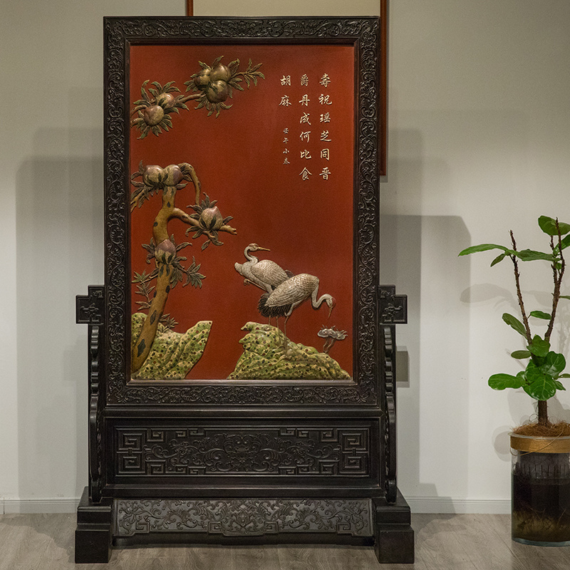 清代 红木边座镶朱漆嵌铜胎掐丝珐琅仙鹤寿桃座屏 古董家具