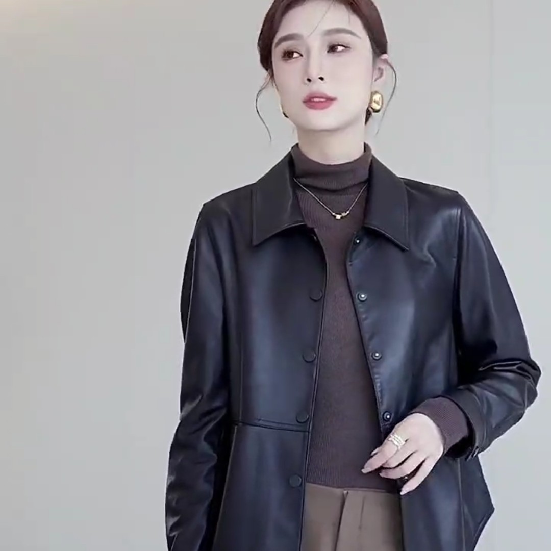 昭珺儿春秋冬季新品休闲翻领皮夹克女绵羊皮皮衣外套中长款皮衣