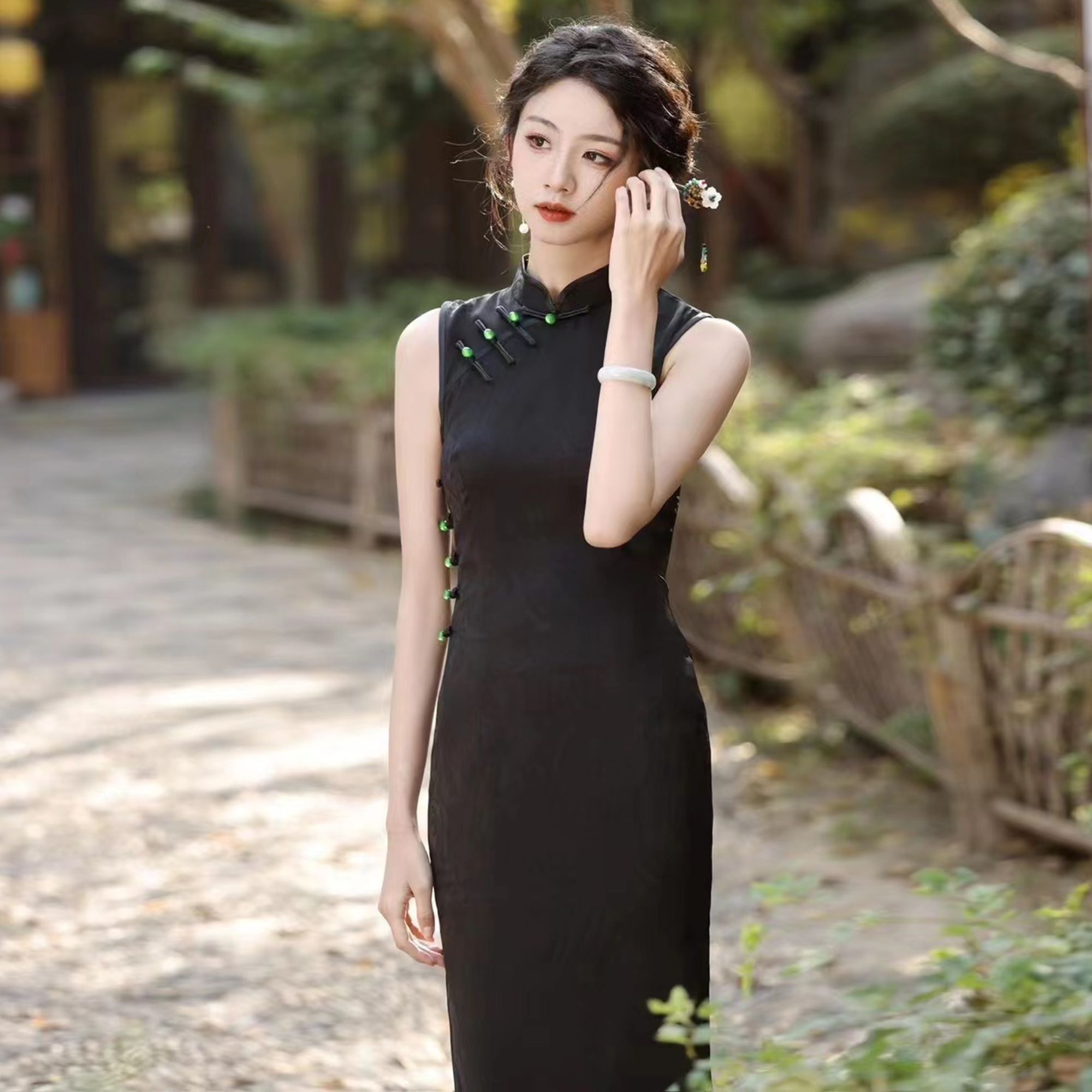 【诗瑶】春夏改良款黑色提花无袖复古中国风旗袍修身显瘦日常连衣裙