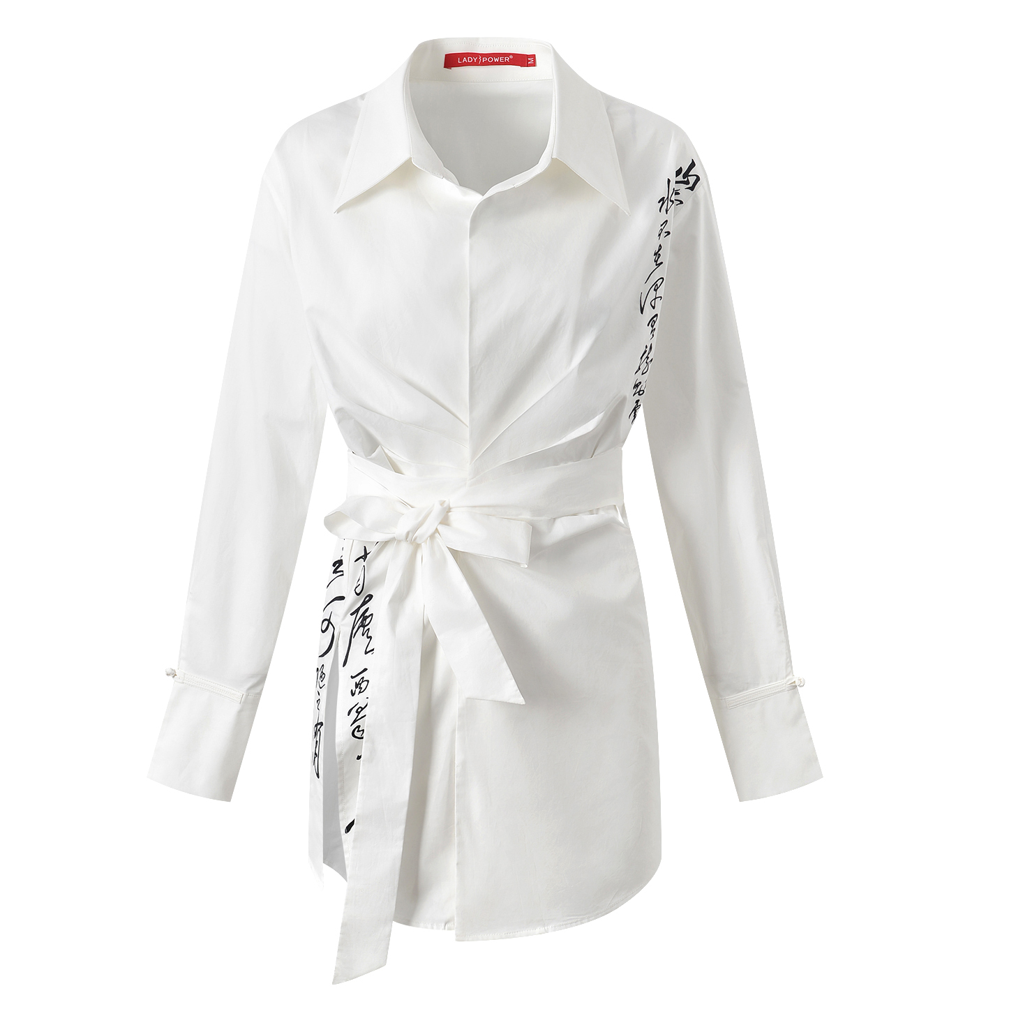 LADYPOWER白色中长款侧开气陋室铭刺绣时尚宽松设计感衬衫 52381A