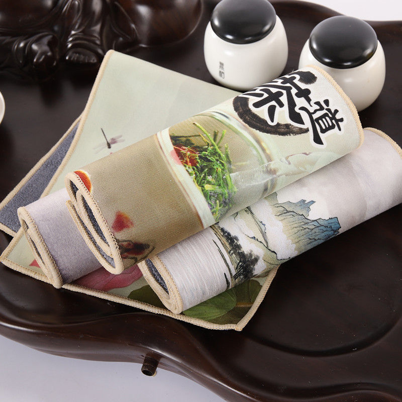 麂皮绒复古风茶道吸水加厚中国风茶杯垫彩绘国画茶布双面中式家用