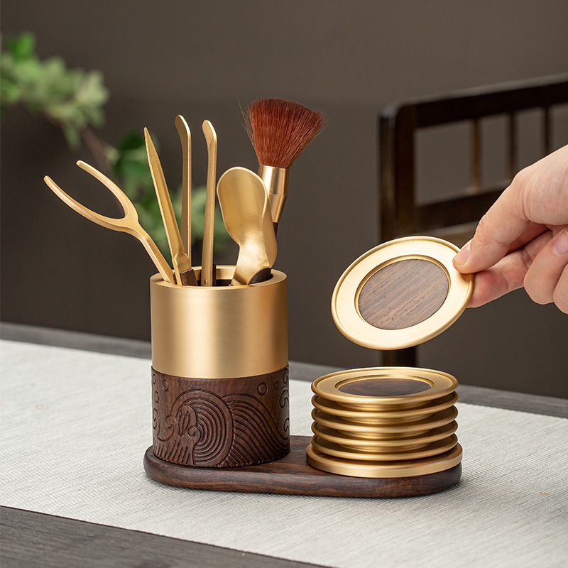 高档铜木茶道六君子杯垫组合套装功夫茶具配件茶夹茶刀泡茶工具全