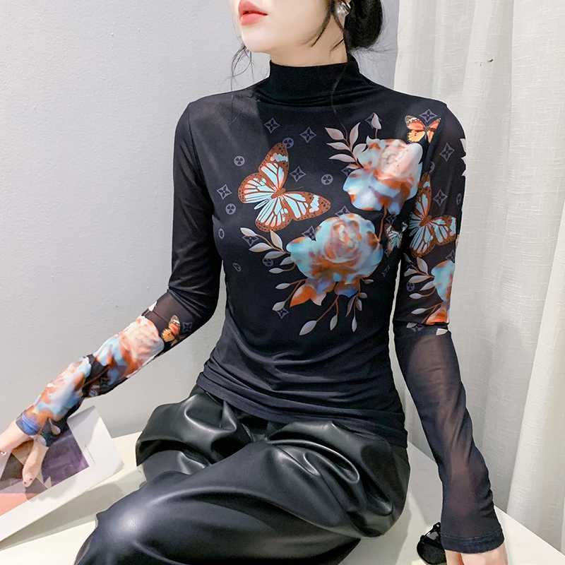 高领定位印花网纱上衣2024年秋季新款简约休闲百搭修身黑色长袖女