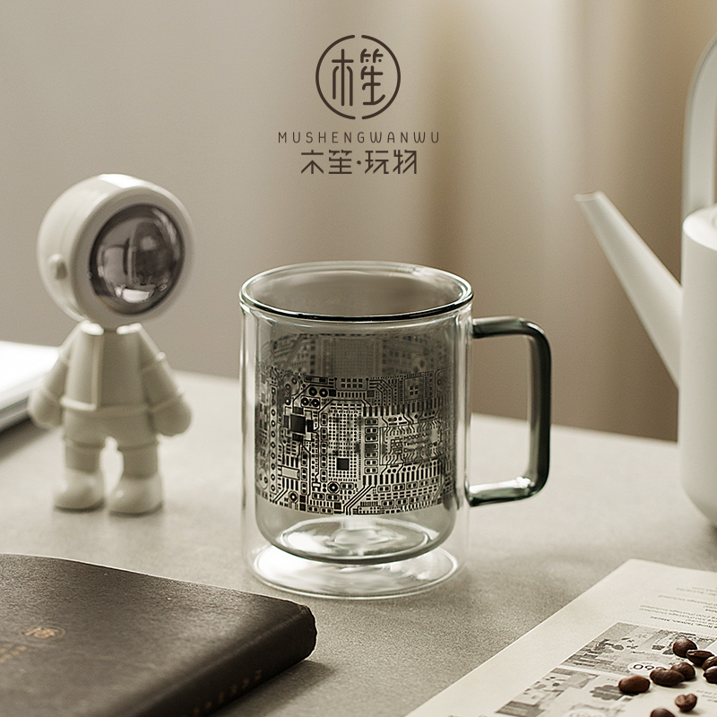 木笙玩物玻璃杯双层水杯办公室杯子高级感男士玻璃水杯家用电路杯