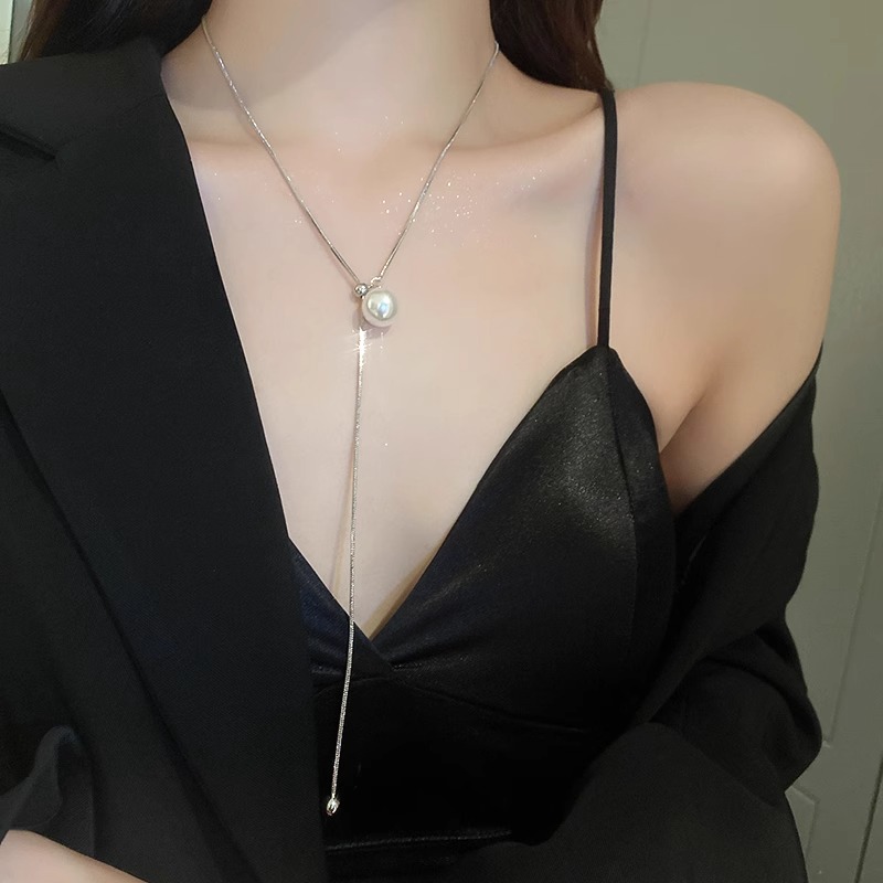 钛钢项链 抽拉珠珠项链女款长款可调节轻奢高级感配饰锁骨链爆款 